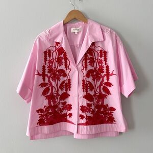 PSOPHIA Pink cotton short sleeve shirt with red embroidered flowers size XL